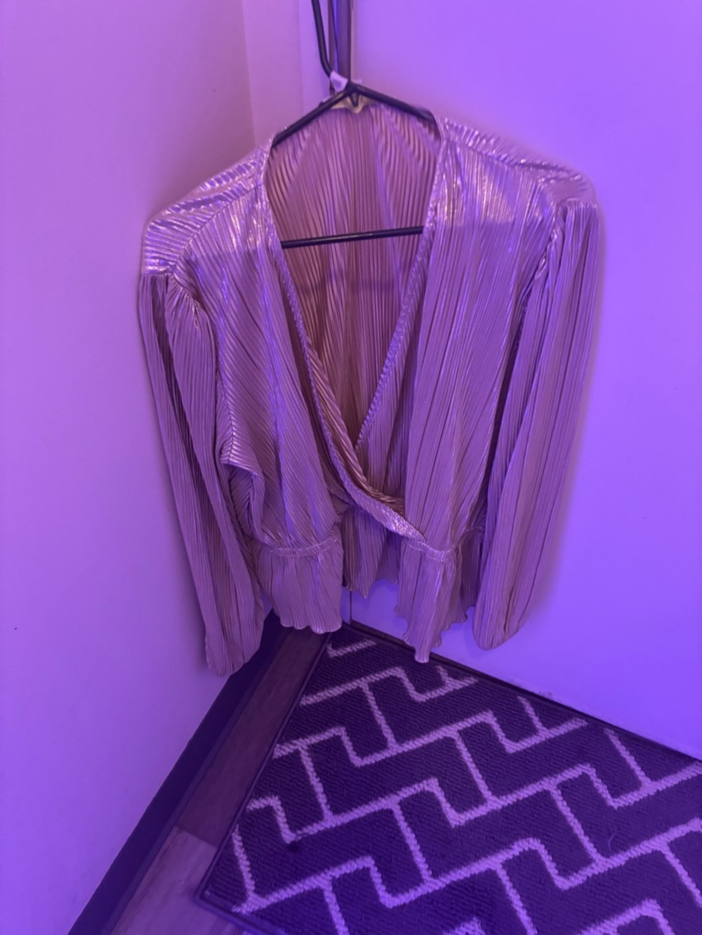 Metallic Pleated Wrap Blouse in Gold Tone